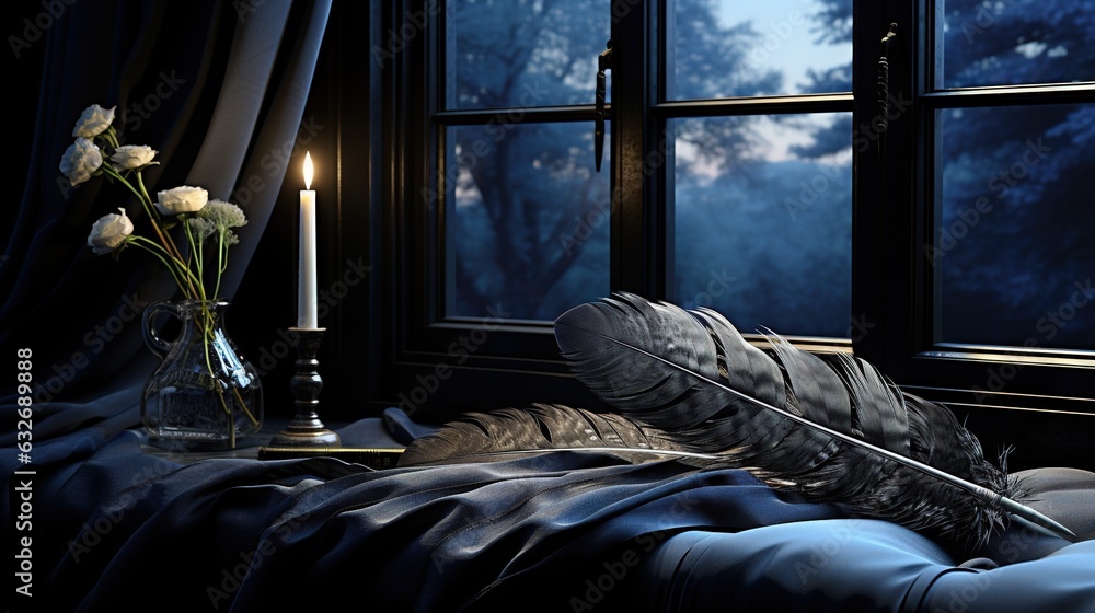 Poster a feather resting on a pillow in front of a window. generative ai