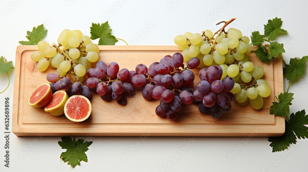 Poster a cutting board topped with grapes and a sliced grape on top of it. generative ai