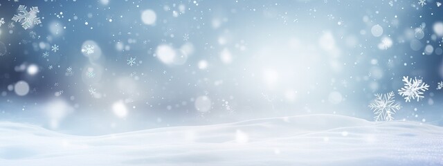 Naklejka premium Winter snow background with snowdrifts, with beautiful light and snow flakes on the blue sky, beautiful bokeh circles, banner format, copy space
