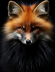 A close up of a fox's face on a black background. AI.