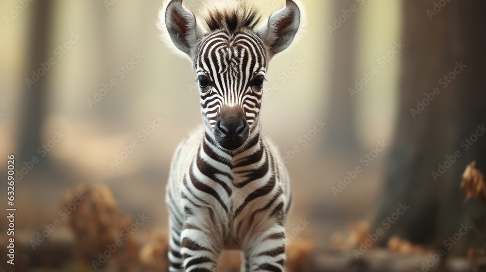 Poster a baby zebra standing in the middle of a forest filled with trees. generative ai