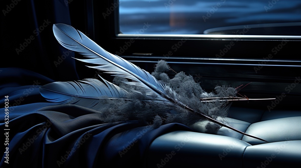 Poster a feather resting on a couch in front of a window. generative ai