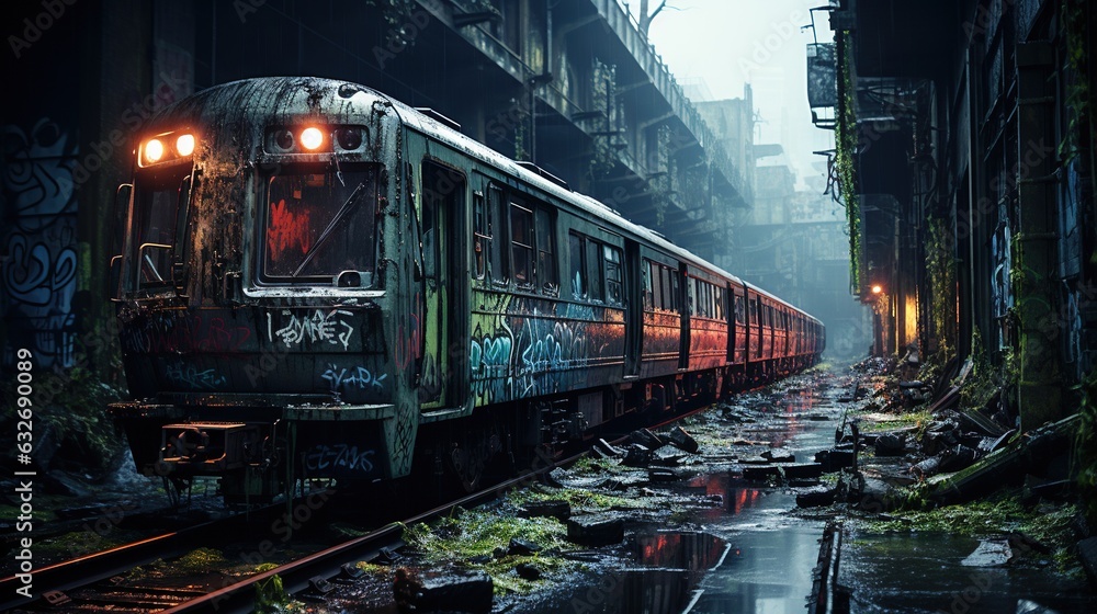 Poster a train with graffiti on the side of it on a track. generative ai