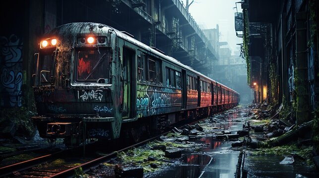  a train with graffiti on the side of it on a track.  generative ai
