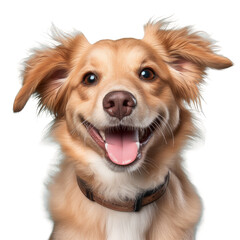 Smiling rescue dog in a studio.