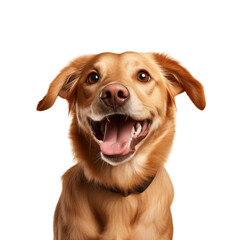 Smiling rescue dog in a studio.