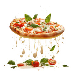 Tomato and basil topped margherita pizza in mid air.