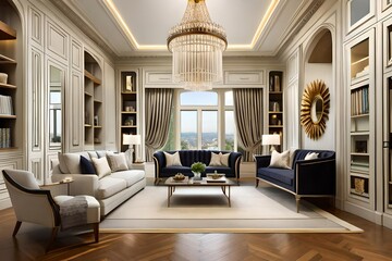living room interior, A luxurious real estate living room featuring a lavish sofa, nestled in the heart of the room.