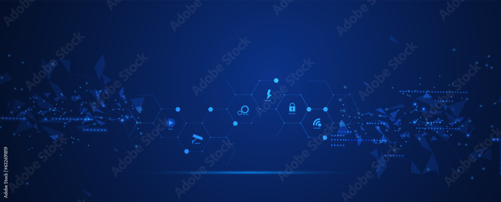 Poster Technology banner design with hexagons abstract background.