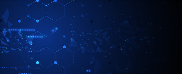 Technology banner design with hexagons abstract background.