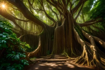 Fotobehang Bosrivier A big majestic banyan tree in a lush jungle with a beautiful cascading waterfall - AI Generative