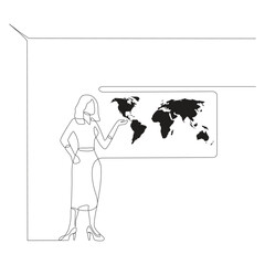 Teacher one line . World map. Vector drawing.
