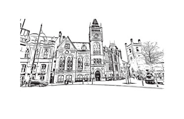 Building view with landmark of Reading is the 
town in England. Hand drawn sketch illustration in vector.