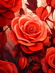 Illustration of a beautiful red rose on a background of red leaves.AI Generated