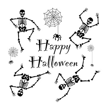 Set of Dancing Skeletons for Halloween Fancy Elements Spider Web, Skeletons. Halloween Elements on white Background. Website Spooky, Background or Banner 