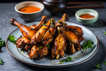 baked chicken wings in the asian style and tomatoes sauce on plate