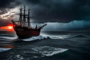 Obraz premium a black ship rising up the seas on a devilishly stormy afternoon - AI Generative