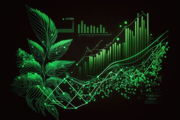 Green financial charts and graphs on dark background