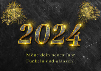Fototapeta na wymiar Karte oder Banner, um ein frohes neues Jahr 2024 in Gold zu wünschen und mit der Aufschrift, dass Ihr neues Jahr in Gold auf einem schwarz-grauen Sonnenhintergrund mit Feuerwerk funkelt und glänzt