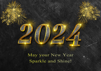 Fototapeta na wymiar card or banner to wish a happy new year 2024 in gold and with an inscription that your new year sparkles and shines in gold on a black and gray sun background with fireworks