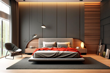Modern bedroom nterior in gray and brown colors. Generative AI