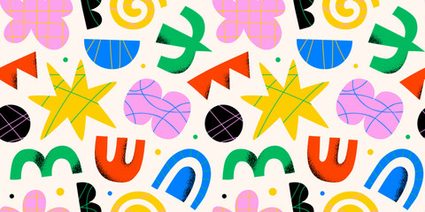 Abstract organic shape seamless pattern with colorful geometric doodles. Flat cartoon background, simple random shapes in bright childish colors. 