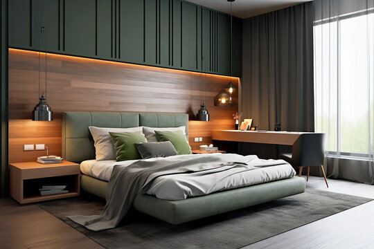 Modern bedroom nterior in brown and green colors. Generative AI