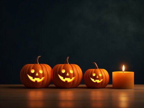 Halloween scary pumpkins with candles on top of wooden table.