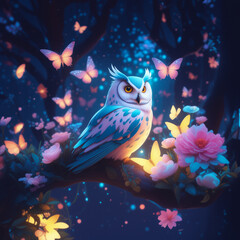Fototapeta na wymiar Realistic magical owl sits on a branch against a forest backdrop, bright lights and flying butterflies. Decorative background for holiday cards, Halloween, Christmas. Illustration print, cover, poster