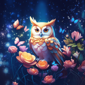 Realistic magical owl sits on a branch against a forest backdrop, bright lights and flying butterflies. Decorative background for holiday cards, Halloween, Christmas. Illustration print, cover, poster