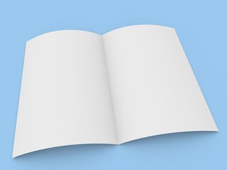 Open magazine mockup on blue background. 3d render illustration.