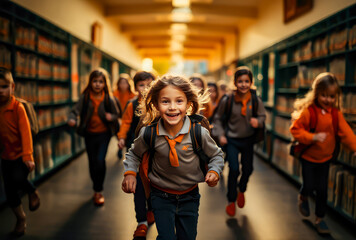child running through the corridors of the school, smiling, back to school.