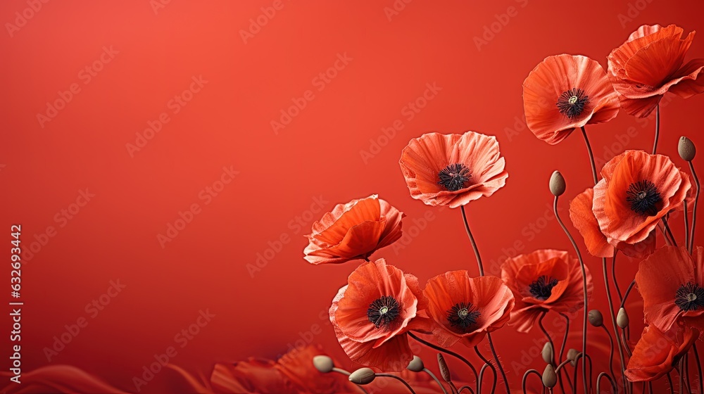 Poster a group of red flowers on a red background with a red background. generative ai