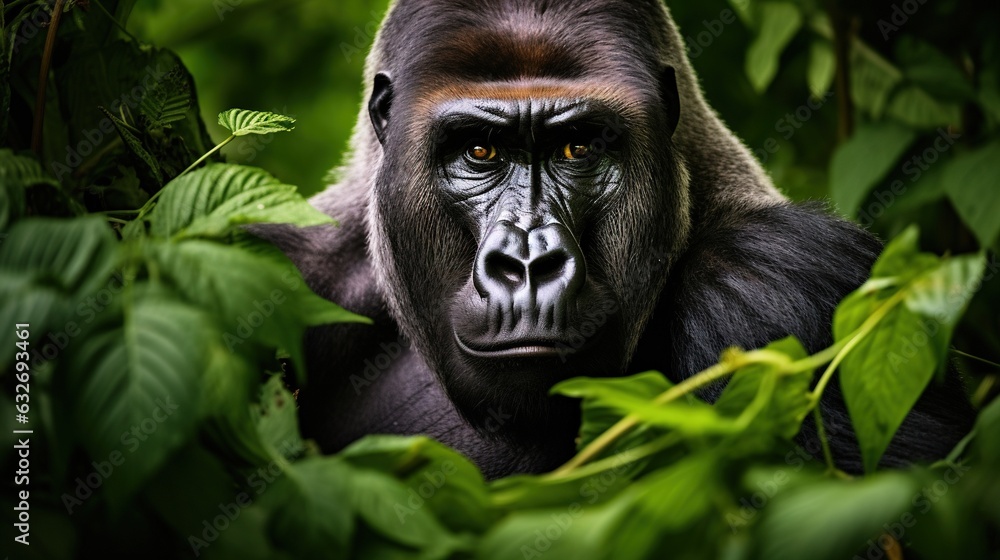 Poster a close up of a gorilla in a tree with leaves. generative ai