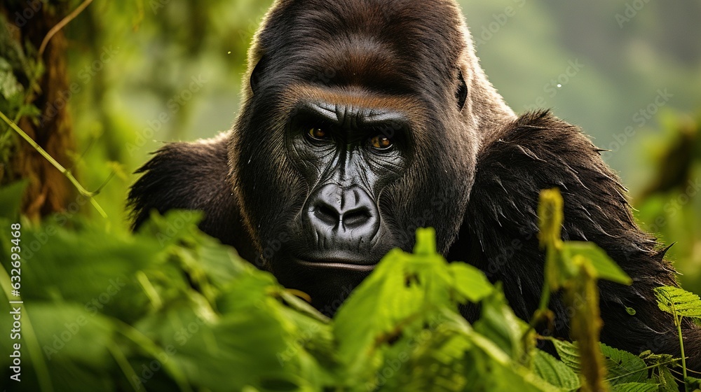 Poster a close up of a gorilla in a forest with trees. generative ai