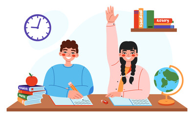 Cute school children sitting at desk and writes and raises hand on lesson. Flat vector illustration on white background.