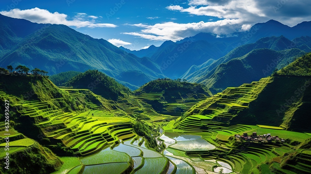 Aufkleber a view of a rice field with mountains in the background. generative ai