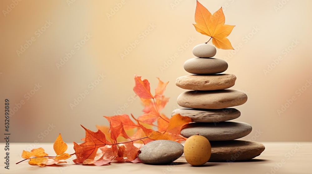 Poster a stack of rocks with a leaf on top of it. generative ai