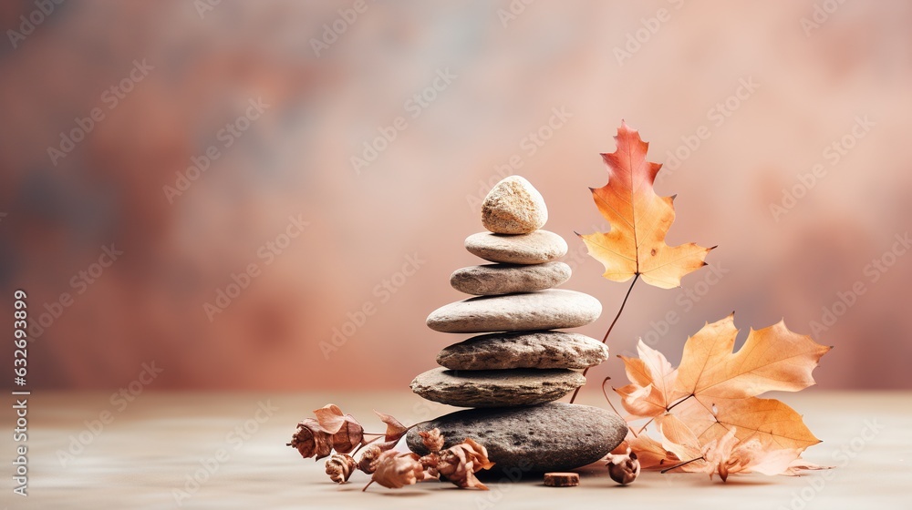 Poster a pile of rocks with a leaf on top of it. generative ai
