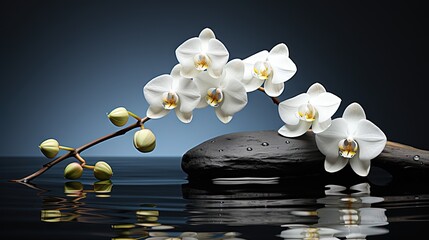  a white flower is on a rock in the water with a black background.  generative ai - obrazy, fototapety, plakaty
