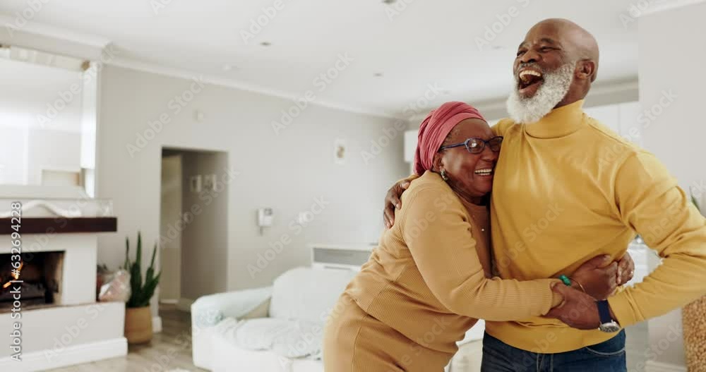 Poster Happy, dance and a senior couple with a hug, crazy together and funny in marriage. Smile, house and a laughing man and woman with love, care and music in the living room for celebration or relax