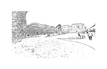 Building view with landmark of Reading is the 
town in England. Hand drawn sketch illustration in vector.