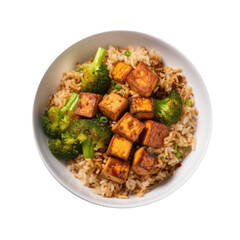 Delicious Bowl of Crispy Tofu and Broccoli over Brown Rice Isolated on a Transparent Background 