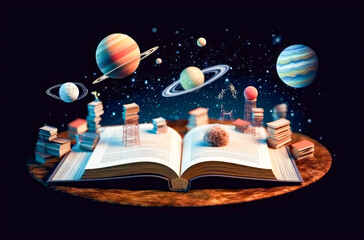 Naklejka premium an open book that tells about astronomy in 3d, representation, fantasy, studying, college