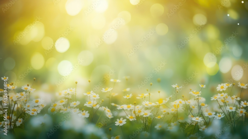 Poster background bokeh garden in green and yellow tones with sun rays and flowers created with generative 