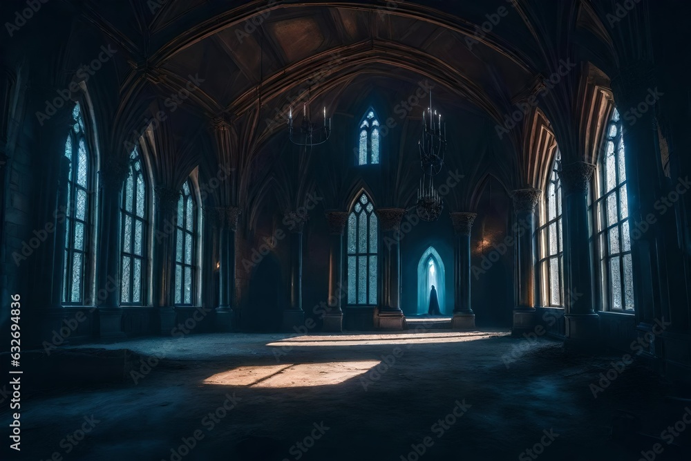 Poster a haunting scene of an abandoned castle with ghostly apparitions and mysterious glowing lights - ai 