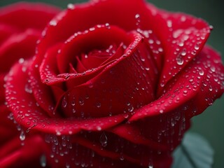 Close up macro photography of red rose with water droplets after rain, Ai generation