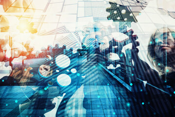 Business team silhouette connect pieces of gears. Teamwork, partnership and integration concept