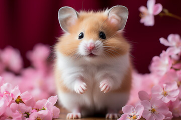 Close up of a pink hamster on pink flowers