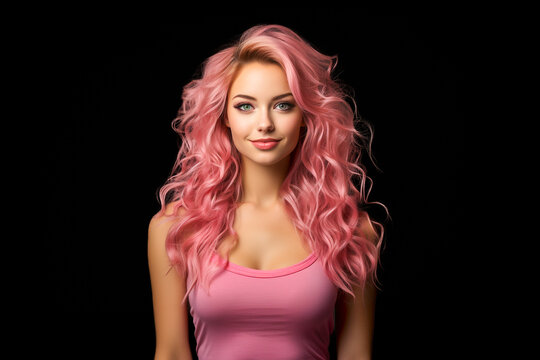 Fashionable young woman in a pink dress in front of a black Background